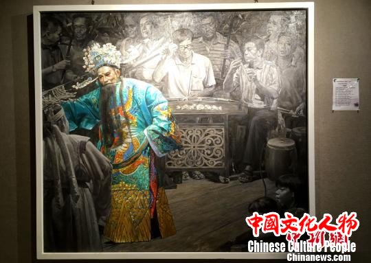 大陆艺术家何耀明展出的油画作品《幕后》。 张金川 摄 大陆艺术家何耀明展出的油画作品《幕后》。 张金川 摄